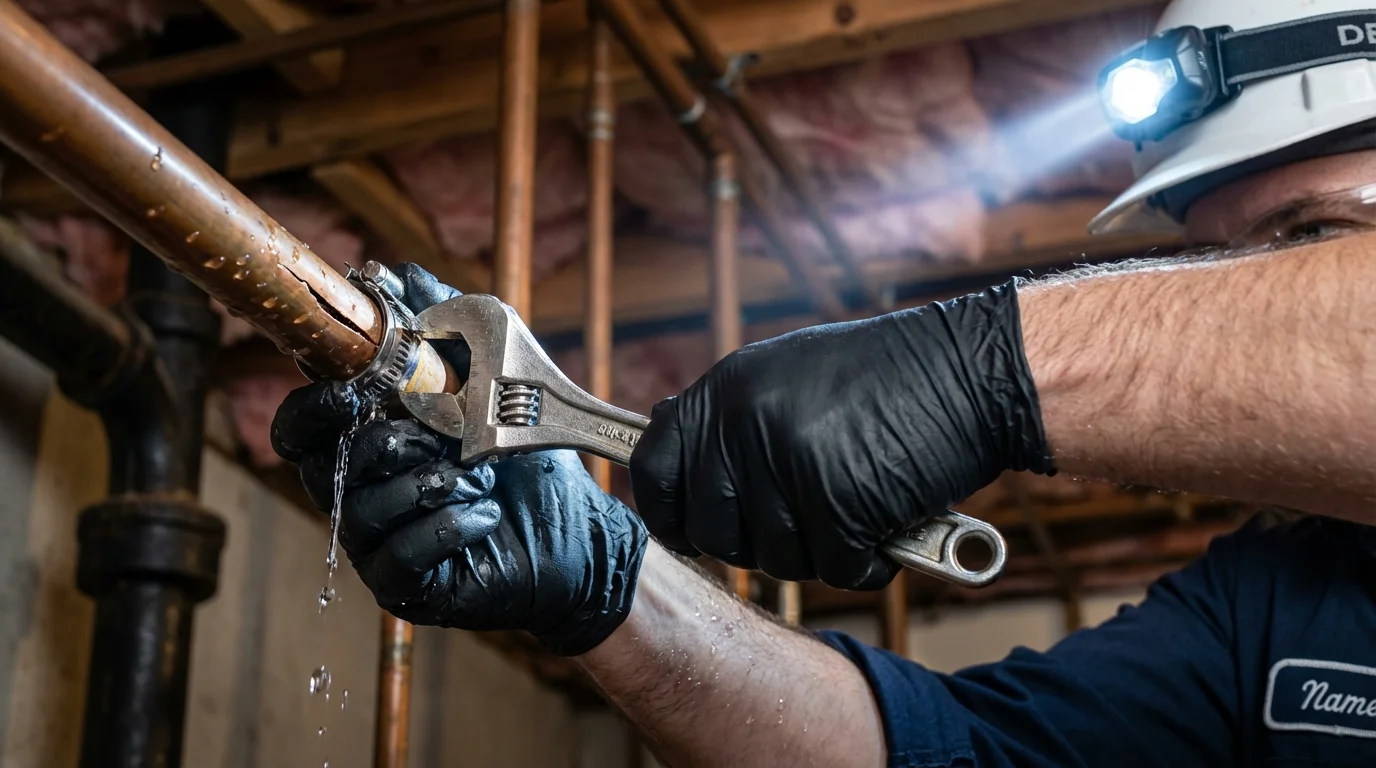 Emergency pipe clamp repair being performed by a Johns Plumbing LLC plumber in The Dalles