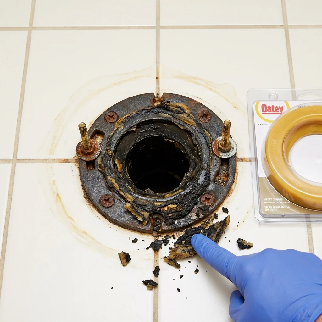 Failed wax ring showing water seepage at the base of a toilet in a The Dalles, OR home