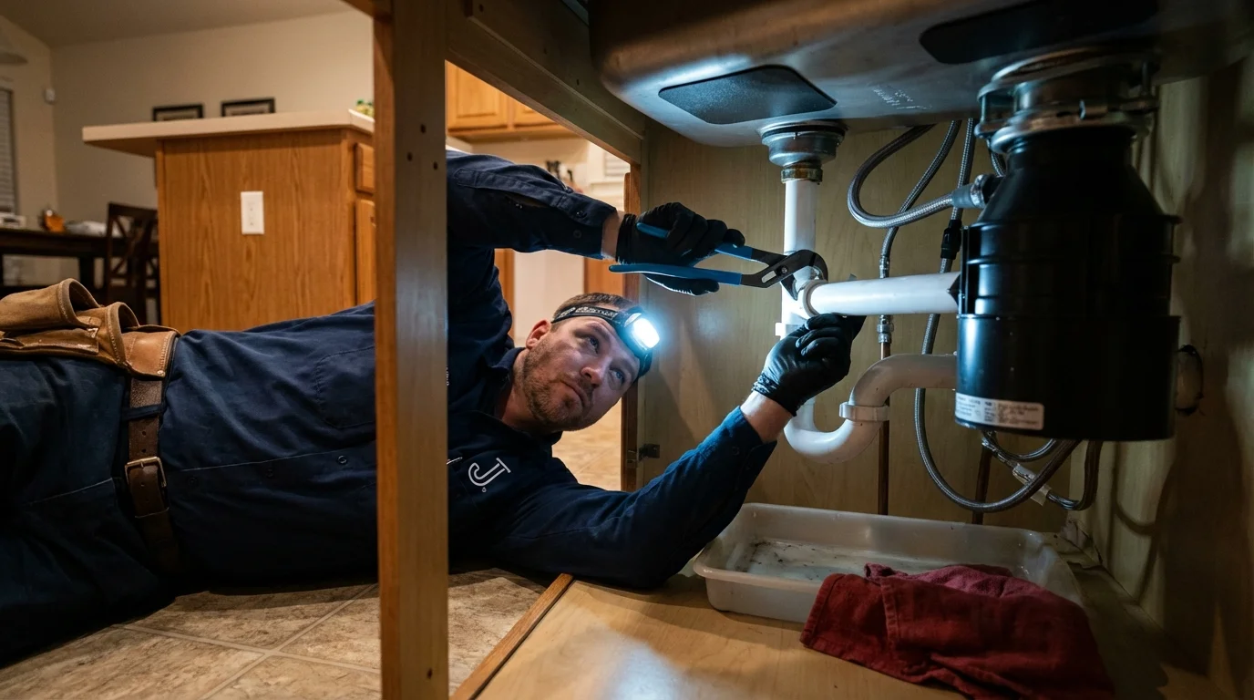 P-trap and supply line connections under a kitchen sink showing a common leak point in The Dalles, OR